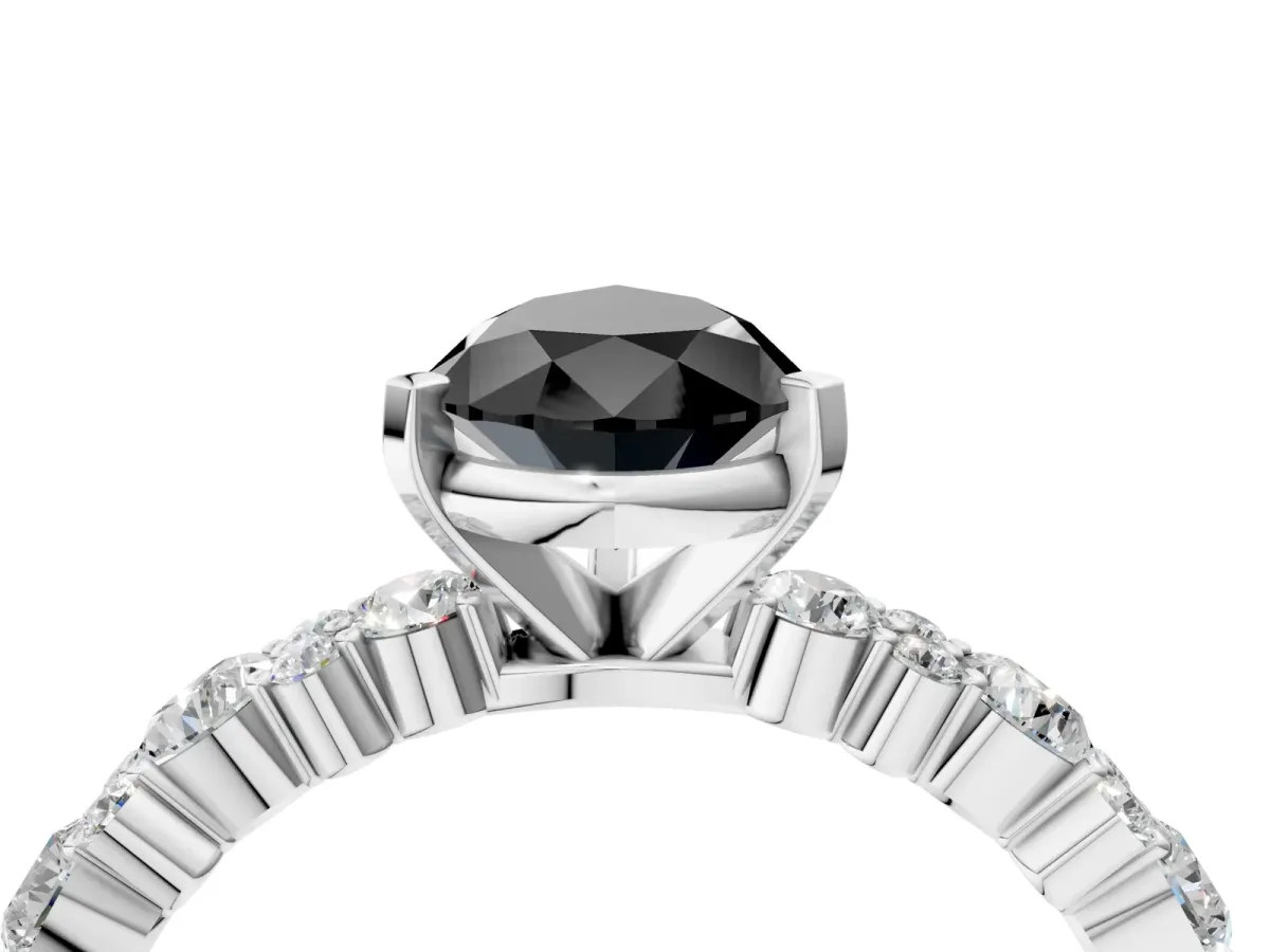 Fancy Black Pear Cut Diamond Side Stone Solitaire Ring with Round and Four-Prong Setting Platinum