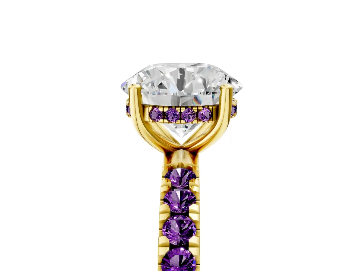 Round Cut Diamond Pave Band Solitaire Ring with Round Amethyst and Prong Setting Yellow gold