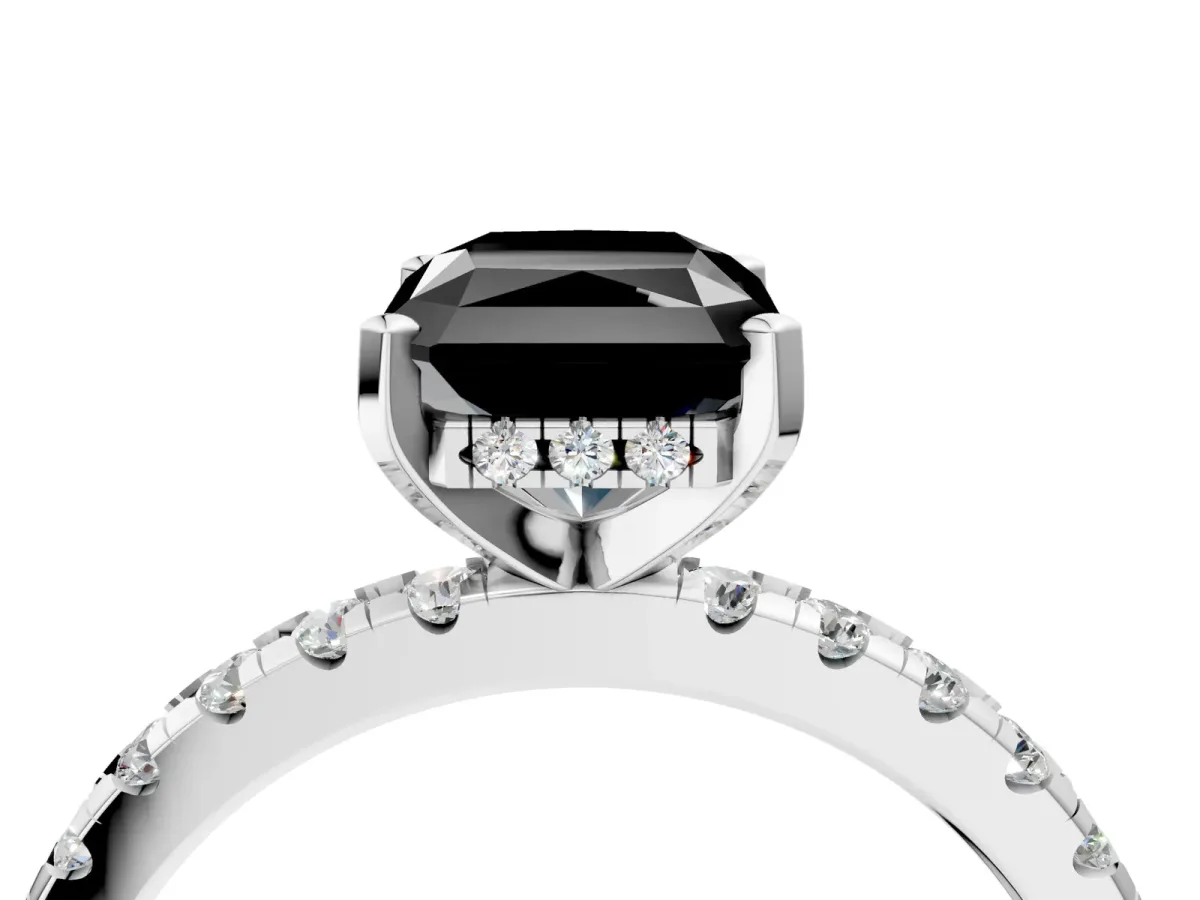 Fancy Black Radiant Cut Diamond Solitaire Ring with Round Pavé Band and Four-Prong Setting Platinum