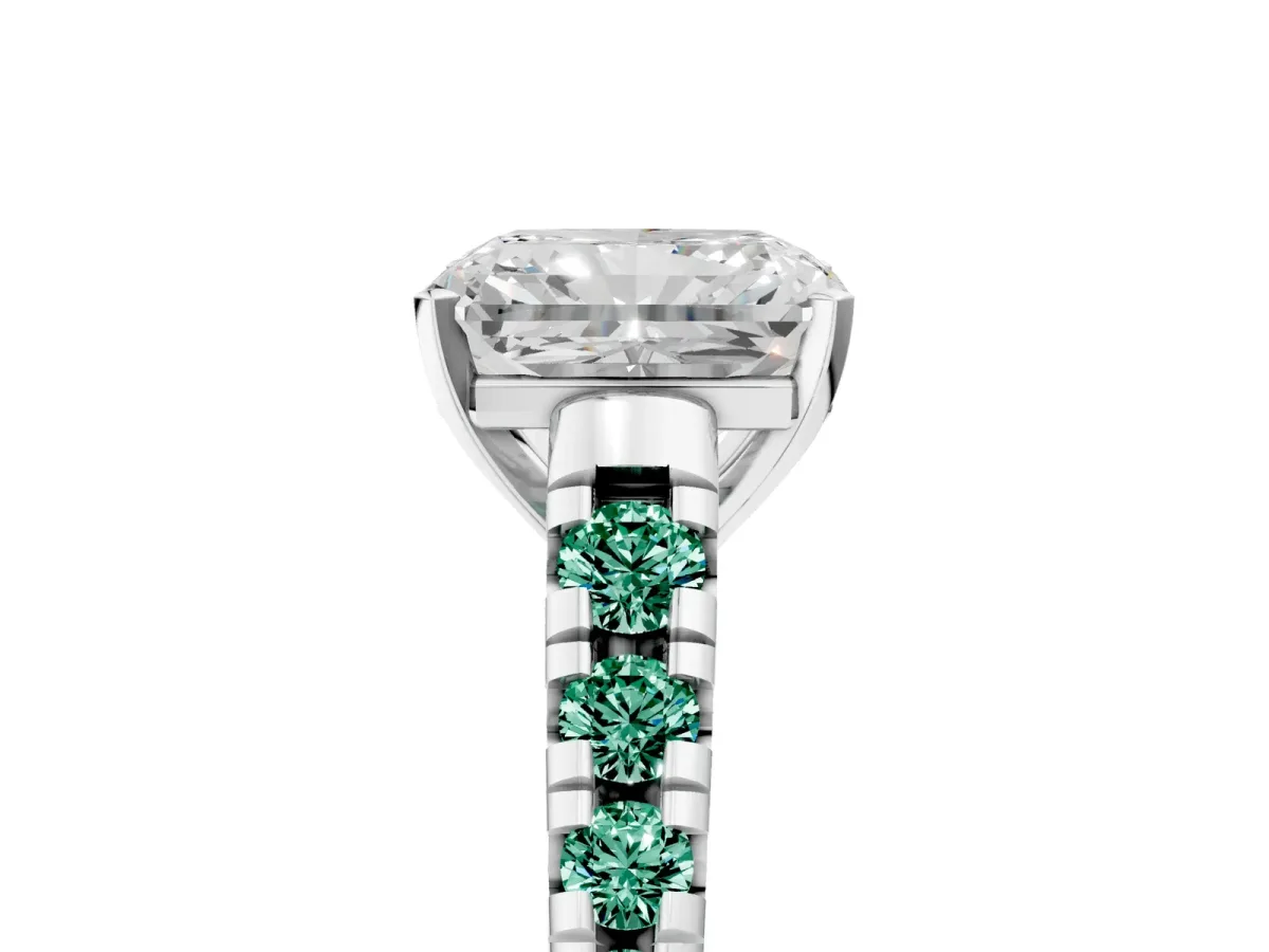 Radiant Cut Diamond Cathedral Solitaire Ring with Round Green Sapphire Pavé Band Silver