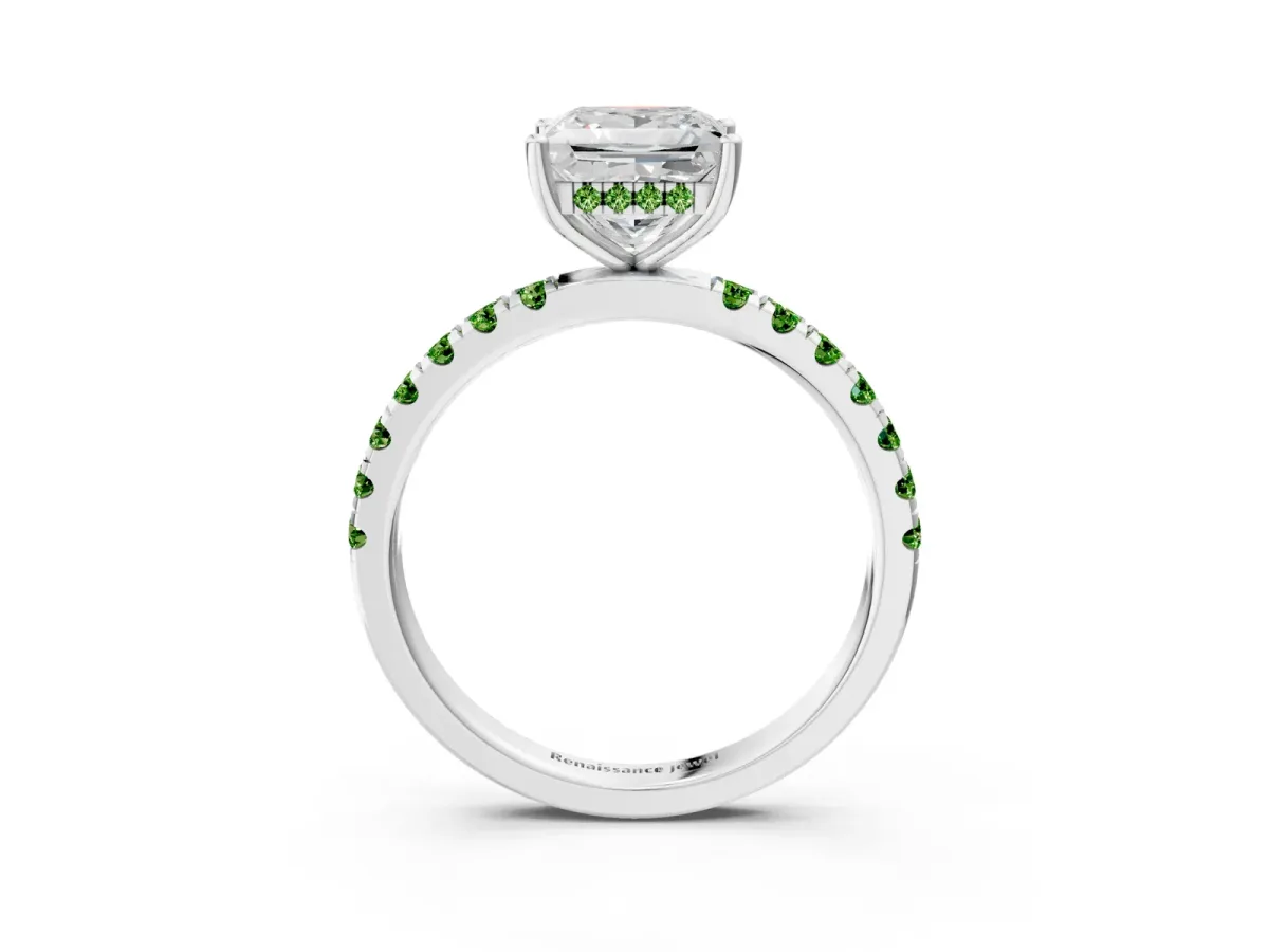 Princess Cut Diamond Pave Band Solitaire Ring with Round Peridot and Prong Setting Silver