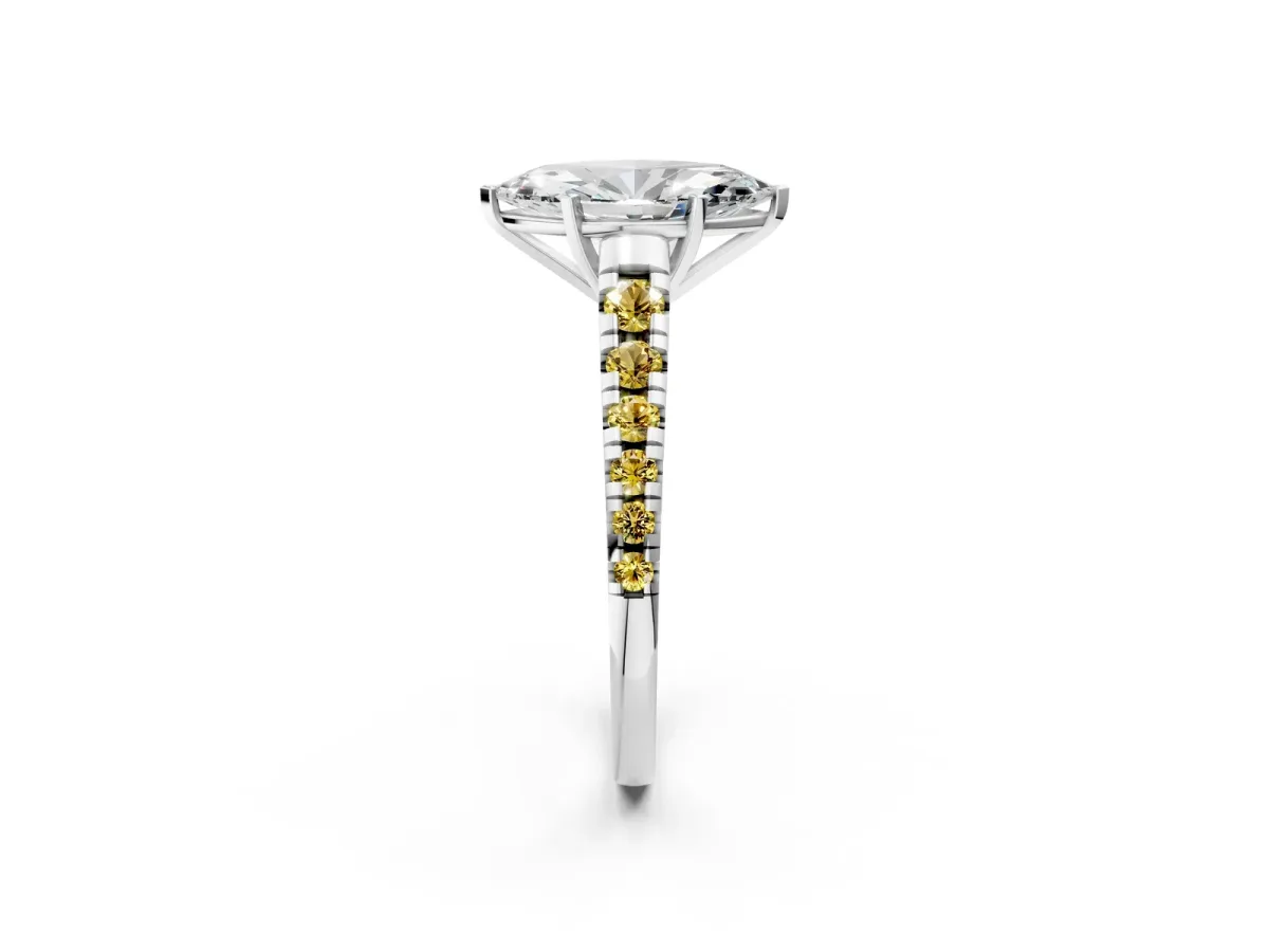 Marquise Cut Diamond Cathedral Solitaire Ring with Round Yellow Sapphire Pavé Band Silver