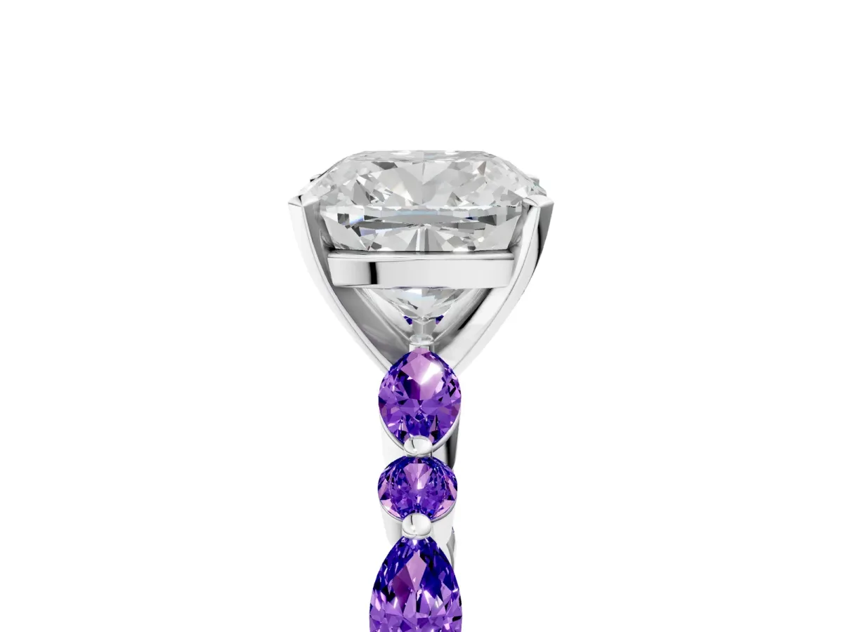 Cushion Cut Diamond Ring with Marquise and Round Tanzanite Side Stones and Four-Prong Setting Silver