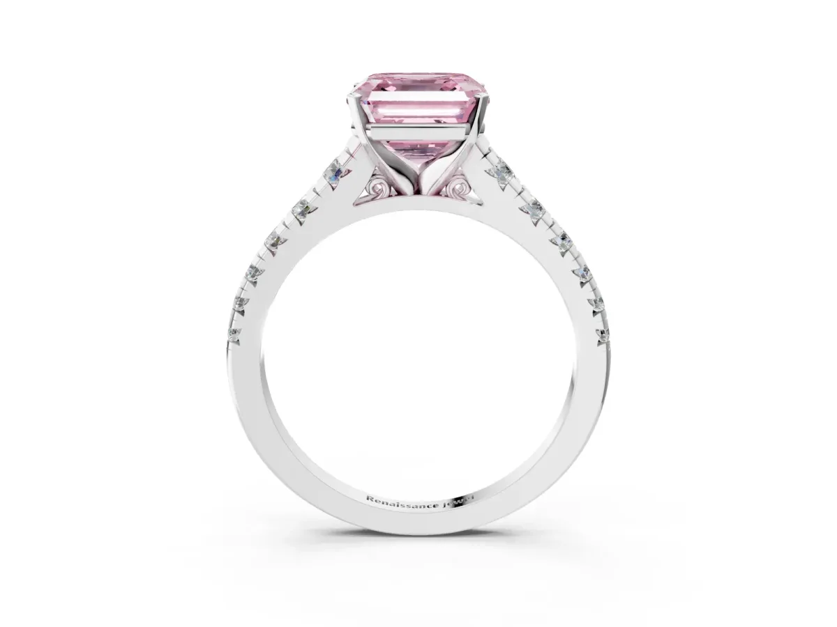 Fancy Pink Asscher Cut Diamond Cathedral Solitaire Ring with Round Pavé Band White gold