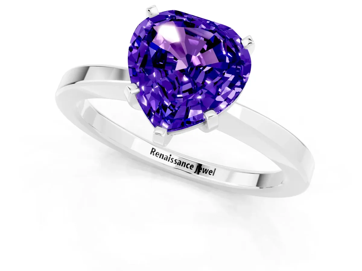 Heart Cut Tanzanite Solitaire Engagement Ring with Classic Band and Four-Prong Setting Silver