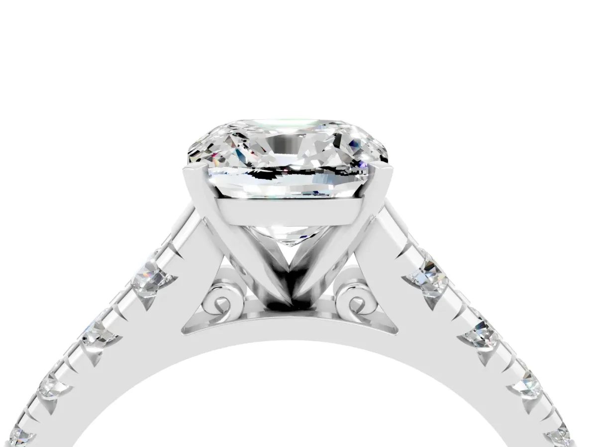 Cushion Cut Moissanite Cathedral Solitaire Ring with Round Pavé Band Silver