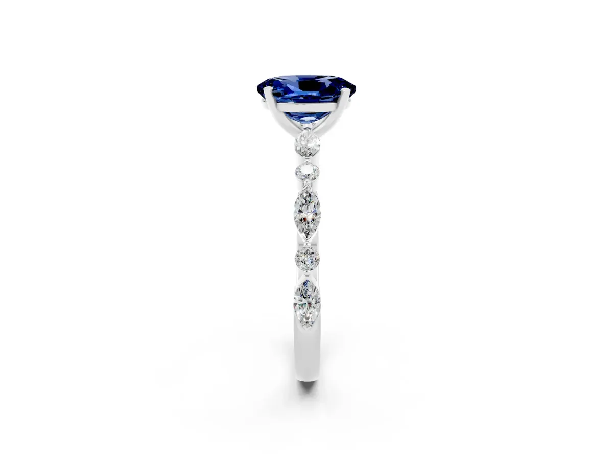 Oval Cut Blue Sapphire Ring with Marquise and Round Side Stones and Four-Prong Setting Silver