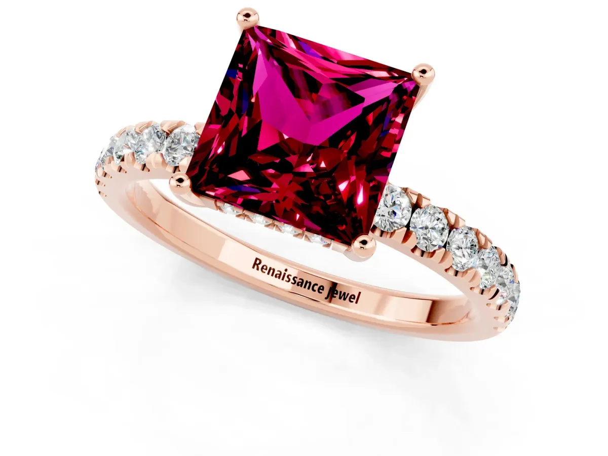 Princess Cut Garnet Pave Band Solitaire Ring with Round and Prong Setting Rose gold