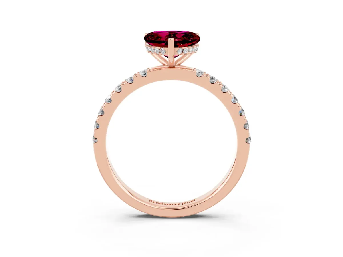 Heart Cut Garnet Pave Band Solitaire Ring with Round and Prong Setting Rose gold