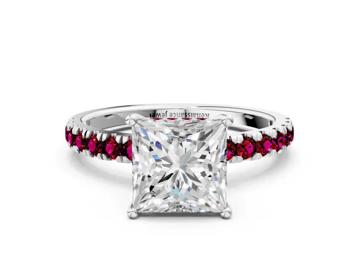 Princess Cut Diamond Pave Band Solitaire Ring with Round Garnet and Prong Setting Silver