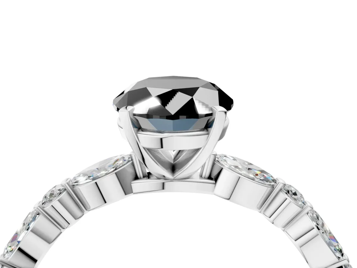 Fancy Black Oval Cut Diamond Ring with Marquise and Round Side Stones and Four-Prong Setting Platinum