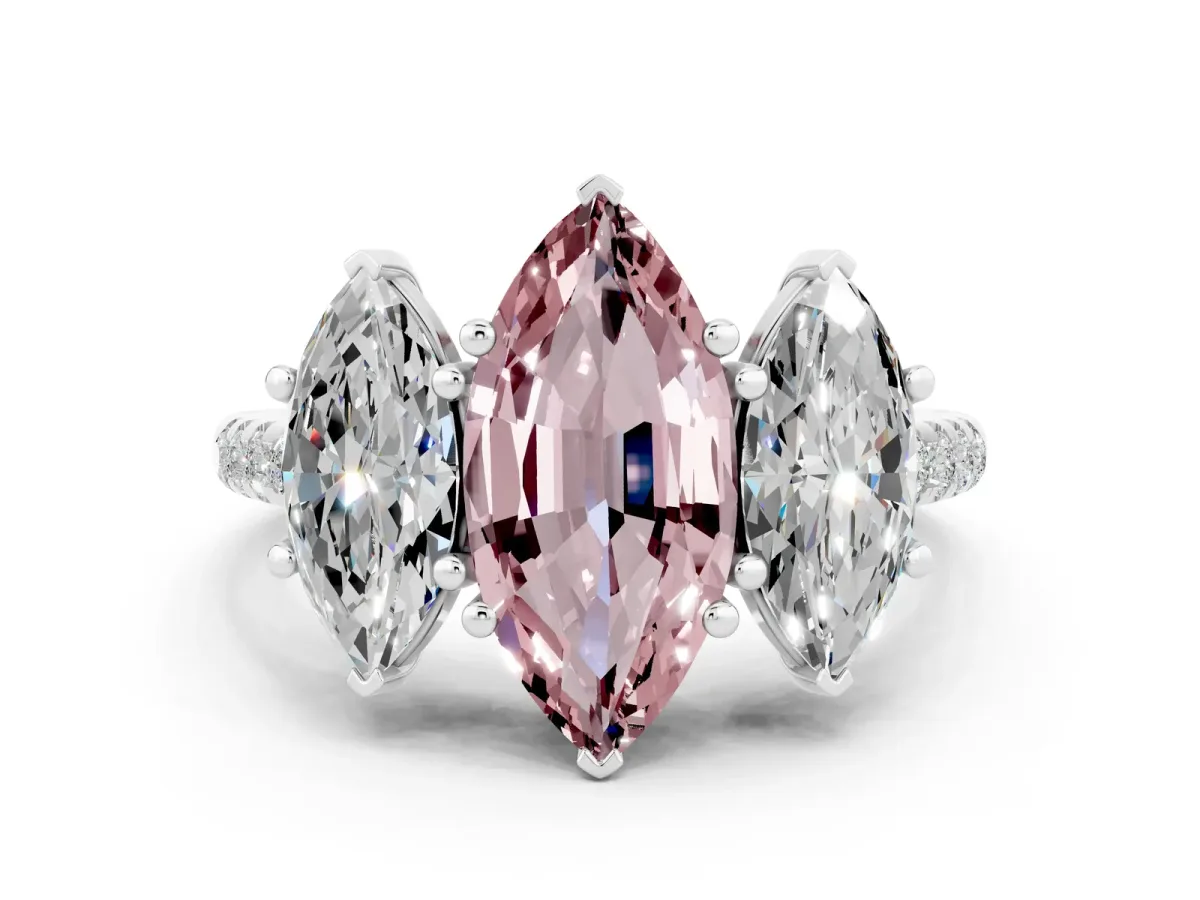 Three-Stone Marquise Cut Morganite Ring with Round Pavé Band and Prong Setting Silver