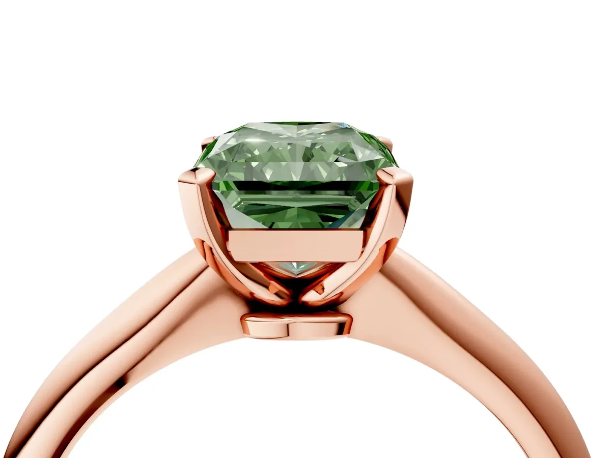 Fancy Green Radiant Cut Diamond Solitaire Engagement Ring with Classic Band and Four-Prong Setting Rose gold