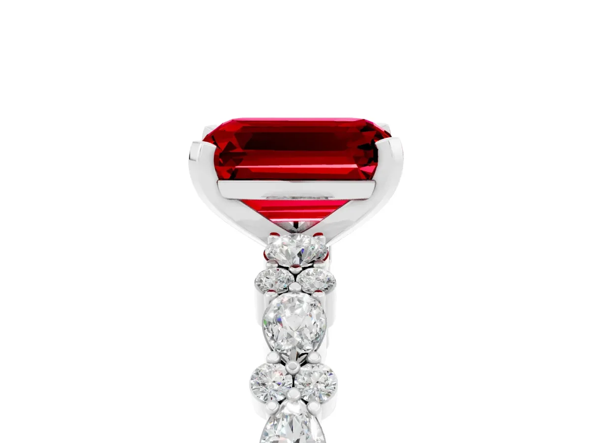 Emerald Cut Ruby Side Stone Solitaire Ring with Round and Four-Prong Setting White gold