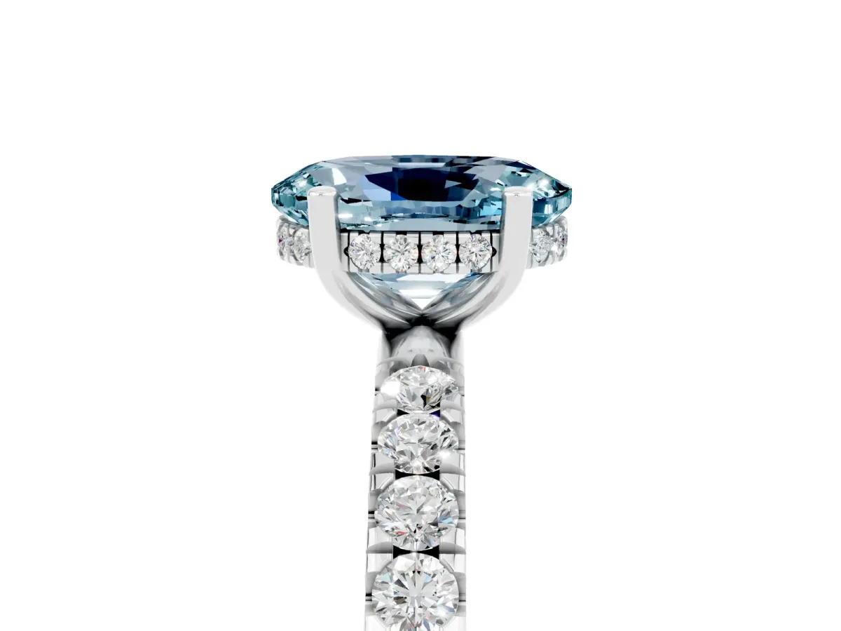 Oval Cut Aquamarine Pave Band Solitaire Ring with Round and Prong Setting White gold