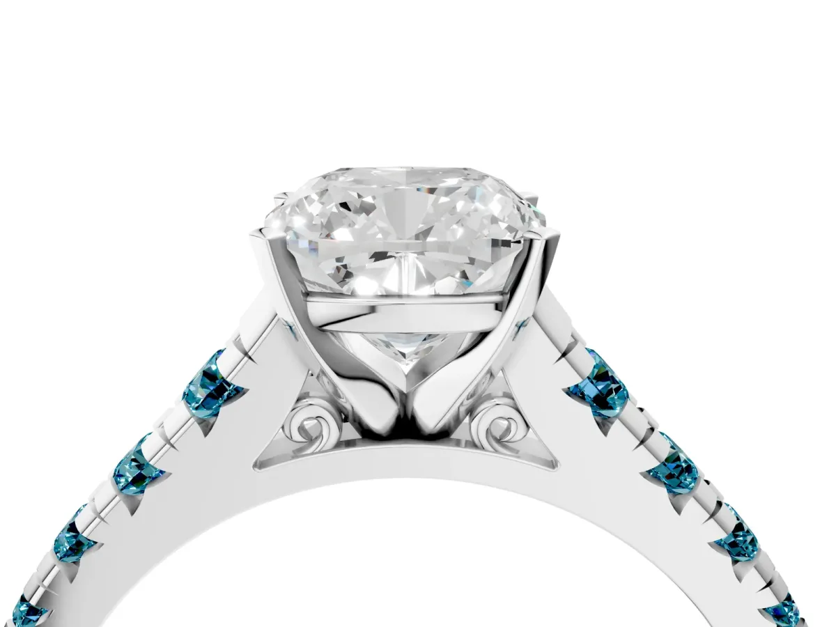 Cushion Cut Diamond Cathedral Solitaire Ring with Round Blue Topaz Pavé Band Platinum