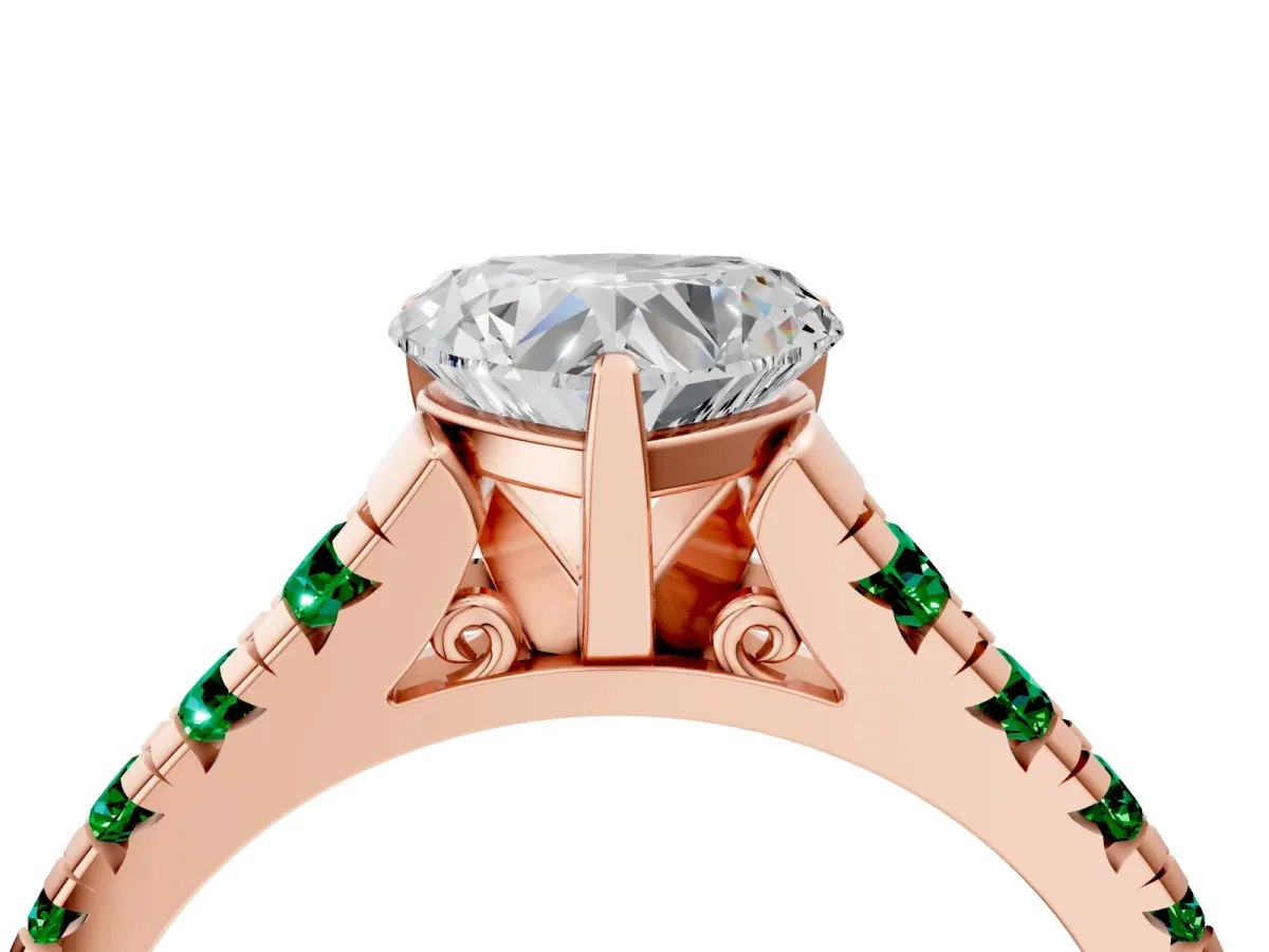 Heart Cut Diamond Cathedral Solitaire Ring with Round Emerald Pavé Band Rose gold