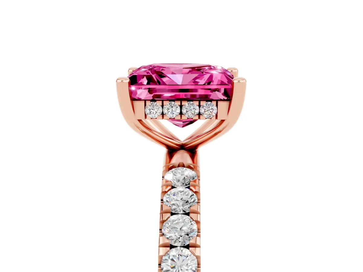 Princess Cut Pink Sapphire Pave Band Solitaire Ring with Round and Prong Setting Rose gold