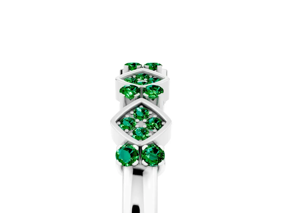 Pavé Cushion Emerald Cluster Eternity Band with Prong Setting Silver
