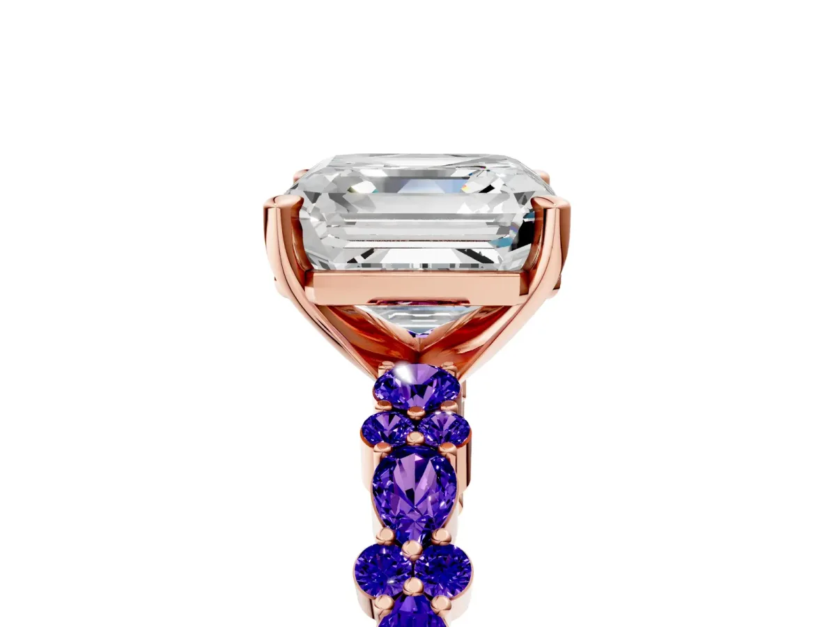 Asscher Cut Diamond Side Stone Solitaire Ring with Round Tanzanite and Four-Prong Setting Rose gold