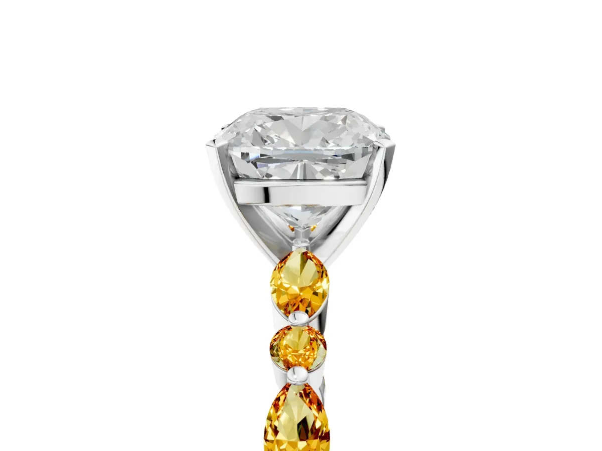 Cushion Cut Diamond Ring with Marquise and Round Citrine Side Stones and Four-Prong Setting Platinum
