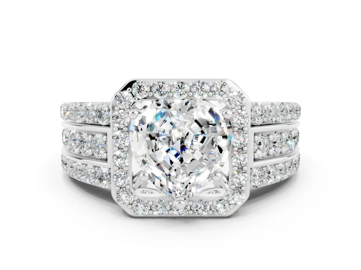 Heart Cut Halo Moissanite Ring with Round Split Shank and Prong Setting White gold