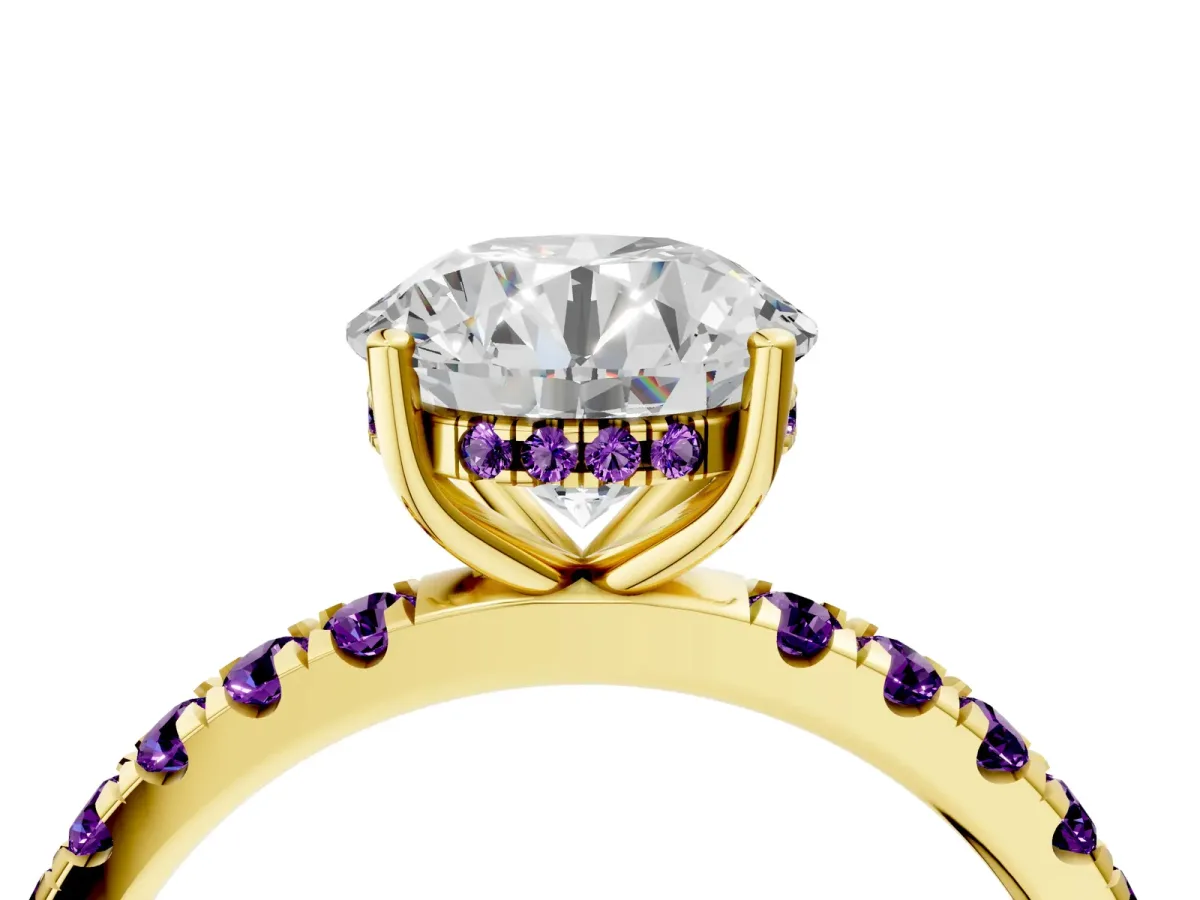 Round Cut Diamond Pave Band Solitaire Ring with Round Amethyst and Prong Setting Yellow gold