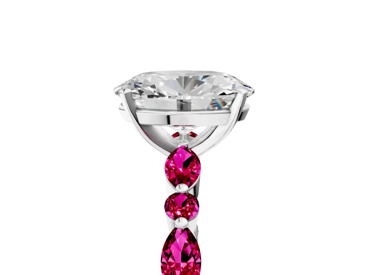 Oval Cut Diamond Ring with Marquise and Round Garnet Side Stones and Four-Prong Setting Silver