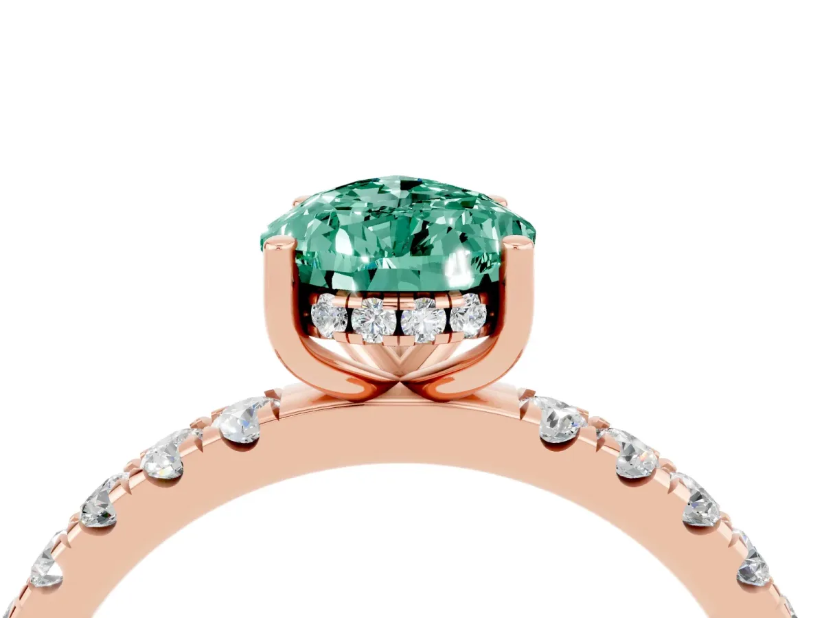 Pear Cut Green Sapphire Pave Band Solitaire Ring with Round and Prong Setting Rose gold