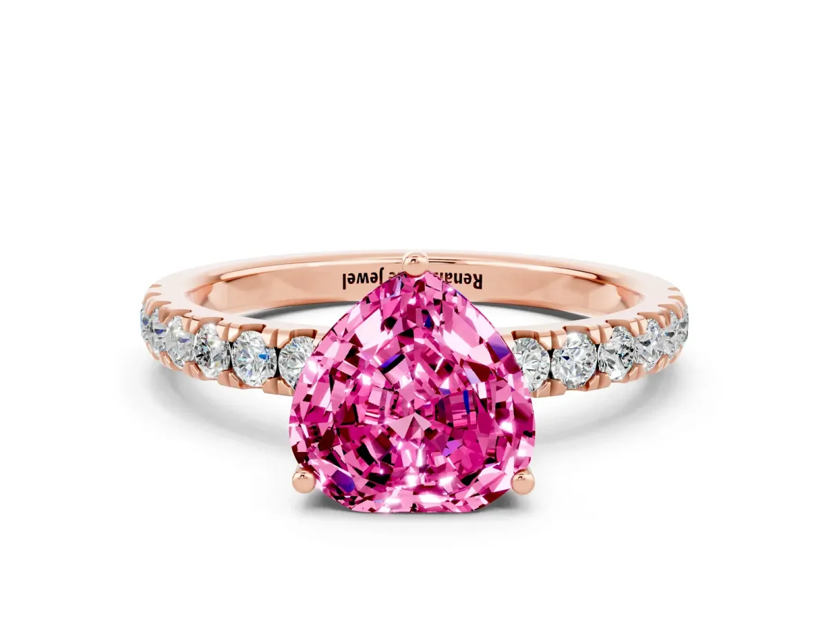 Heart Cut Pink Sapphire Pave Band Solitaire Ring with Round and Prong Setting Rose gold
