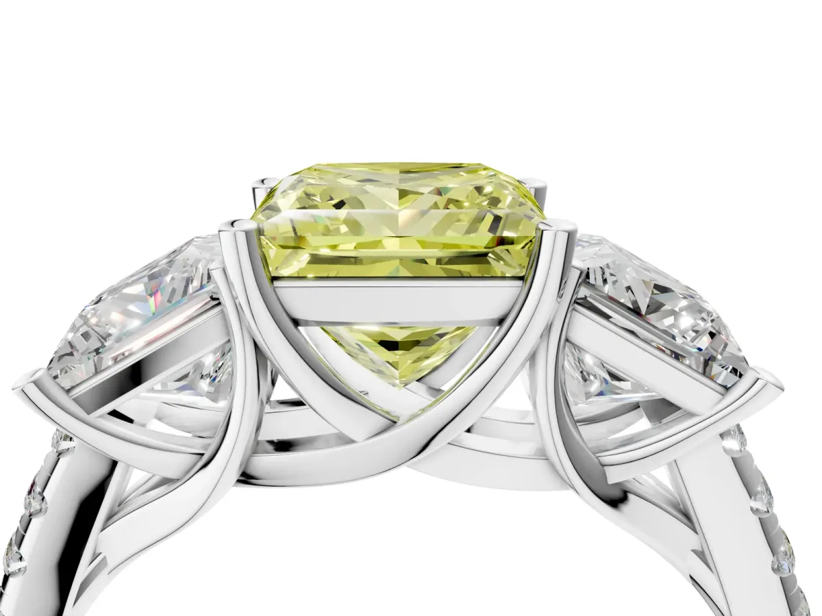Fancy Yellow Three-Stone Princess Cut Diamond Ring with Round Pavé Band and Prong Setting Platinum