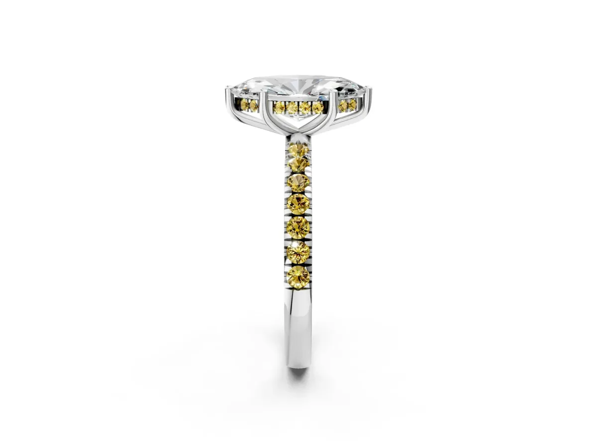 Marquise Cut Diamond Pave Band Solitaire Ring with Round Yellow Sapphire and Prong Setting Silver