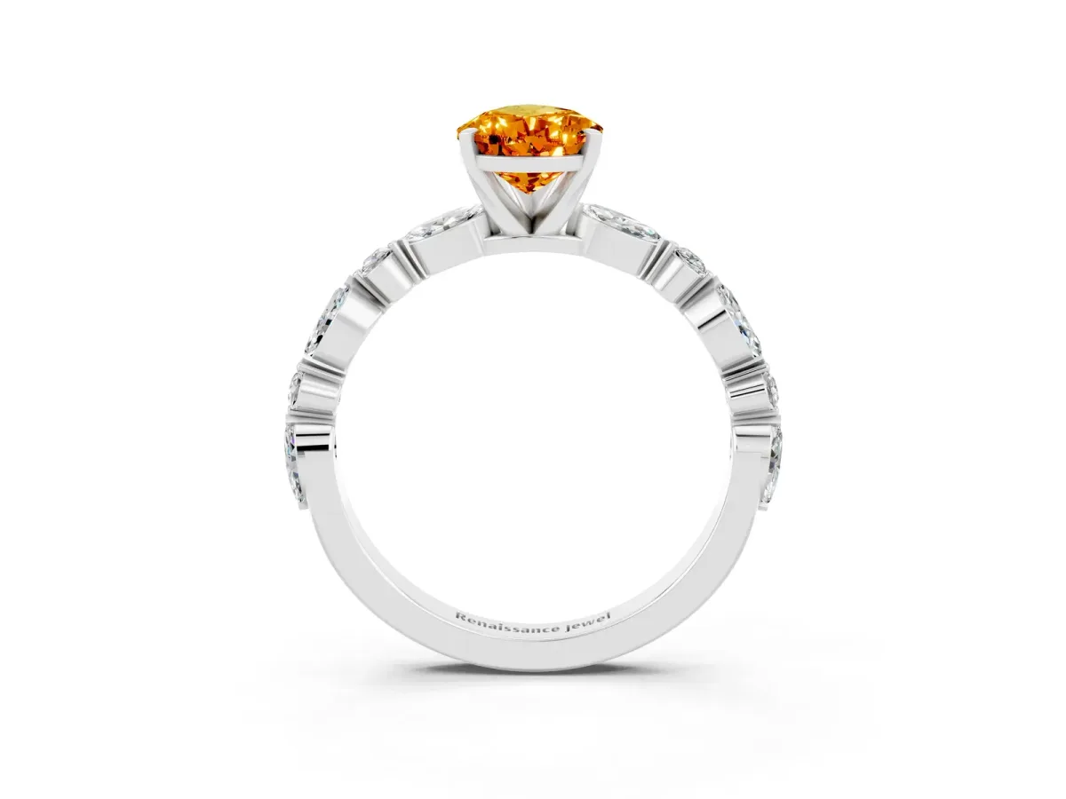 Pear Cut Citrine Ring with Marquise and Round Side Stones and Four-Prong Setting Platinum