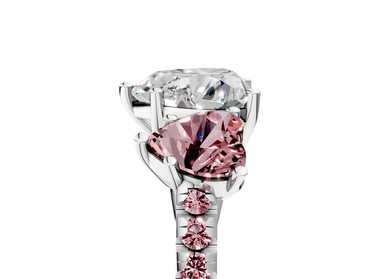 Three-Stone Heart Cut Diamond Ring with Round Morganite Pavé Band and Prong Setting White gold
