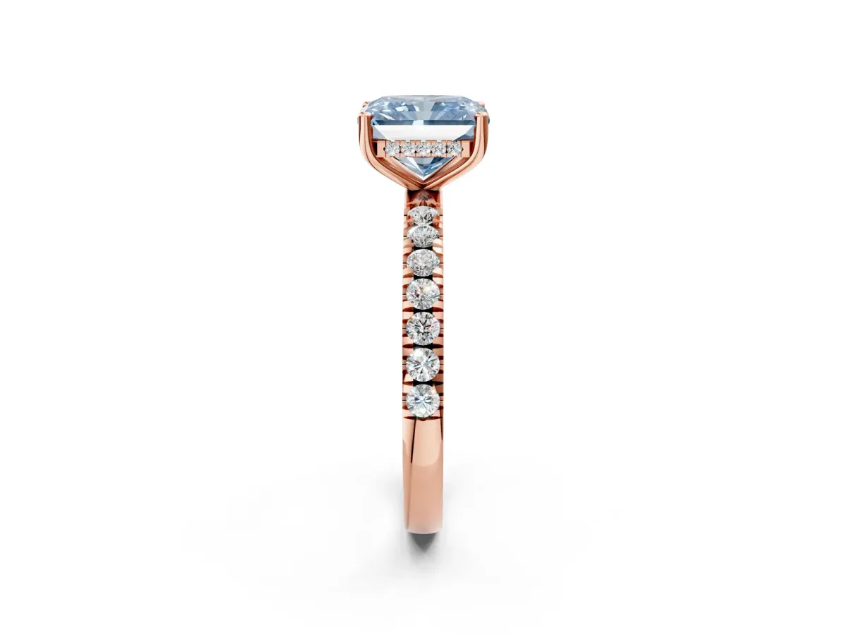 Fancy Blue Radiant Cut Diamond Pave Band Solitaire Ring with Round and Prong Setting Rose gold