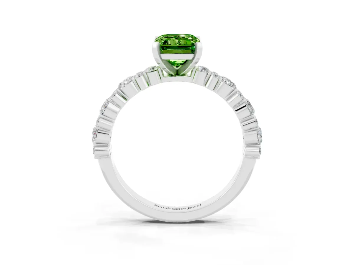 Emerald Cut Peridot Side Stone Solitaire Ring with Round and Four-Prong Setting White gold