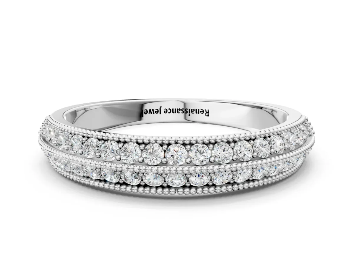 Pavé Round Diamond Milgrain Eternity Band Silver