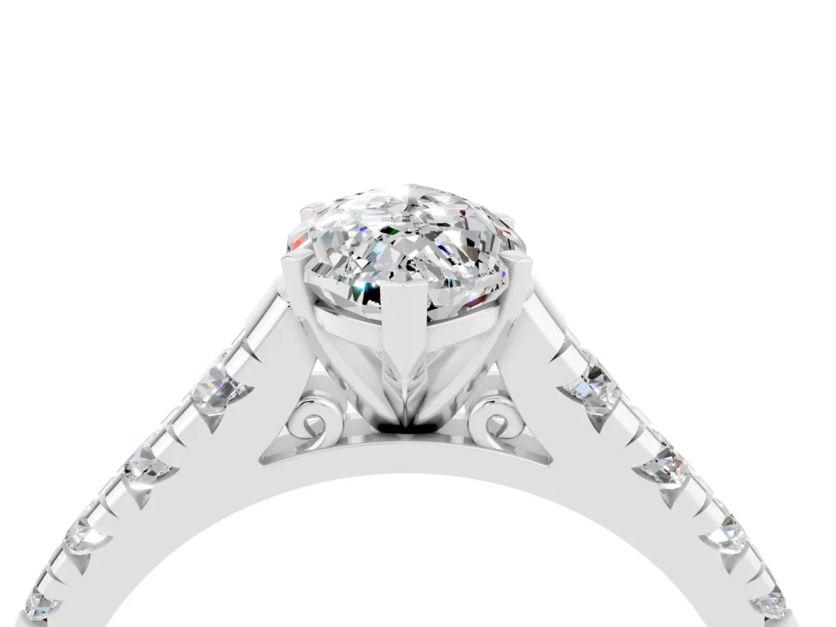 Marquise Cut Moissanite Cathedral Solitaire Ring with Round Pavé Band Platinum