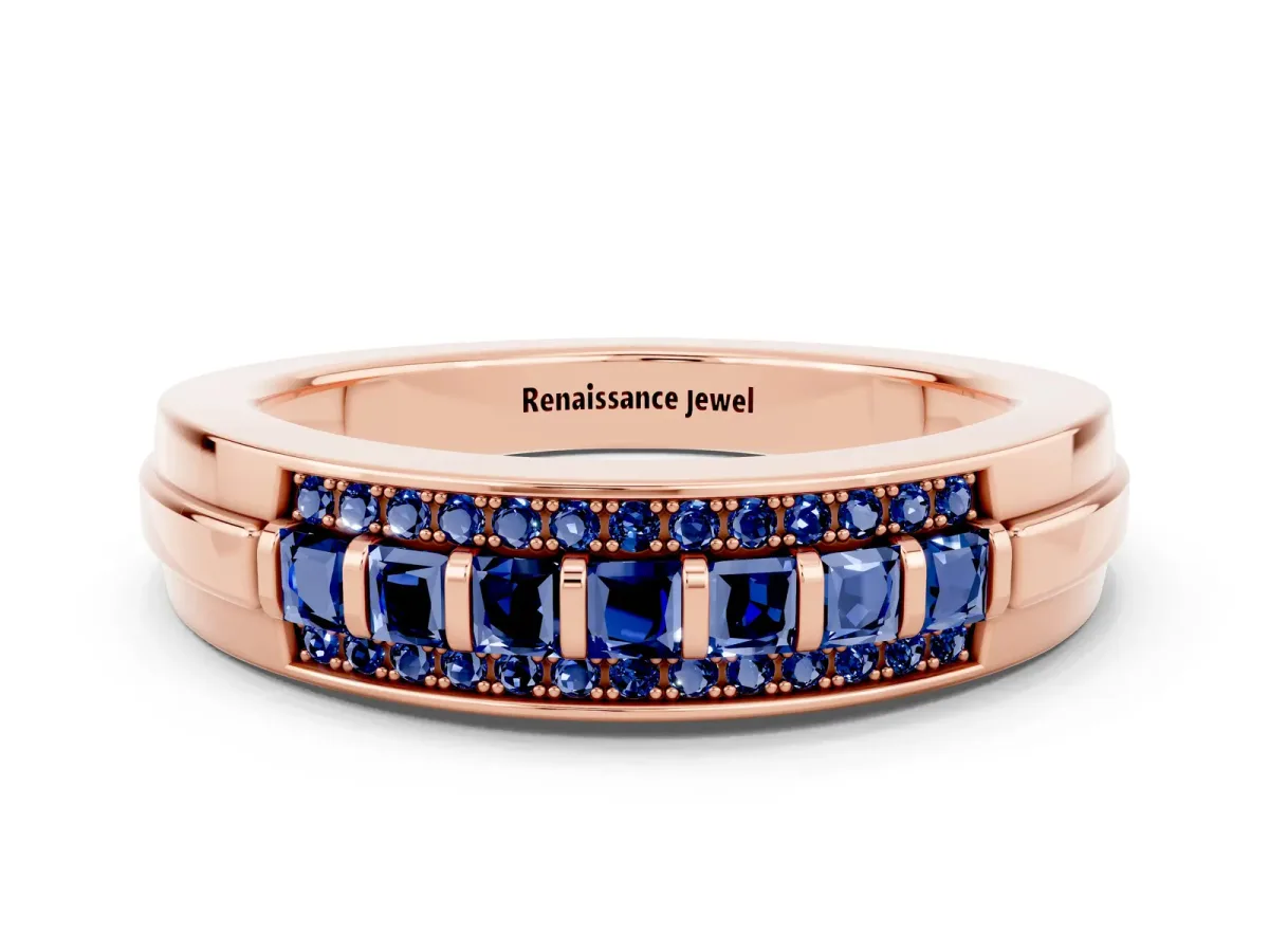 Bar-Set Princess Cut Blue Sapphire Pavé Band Rose gold