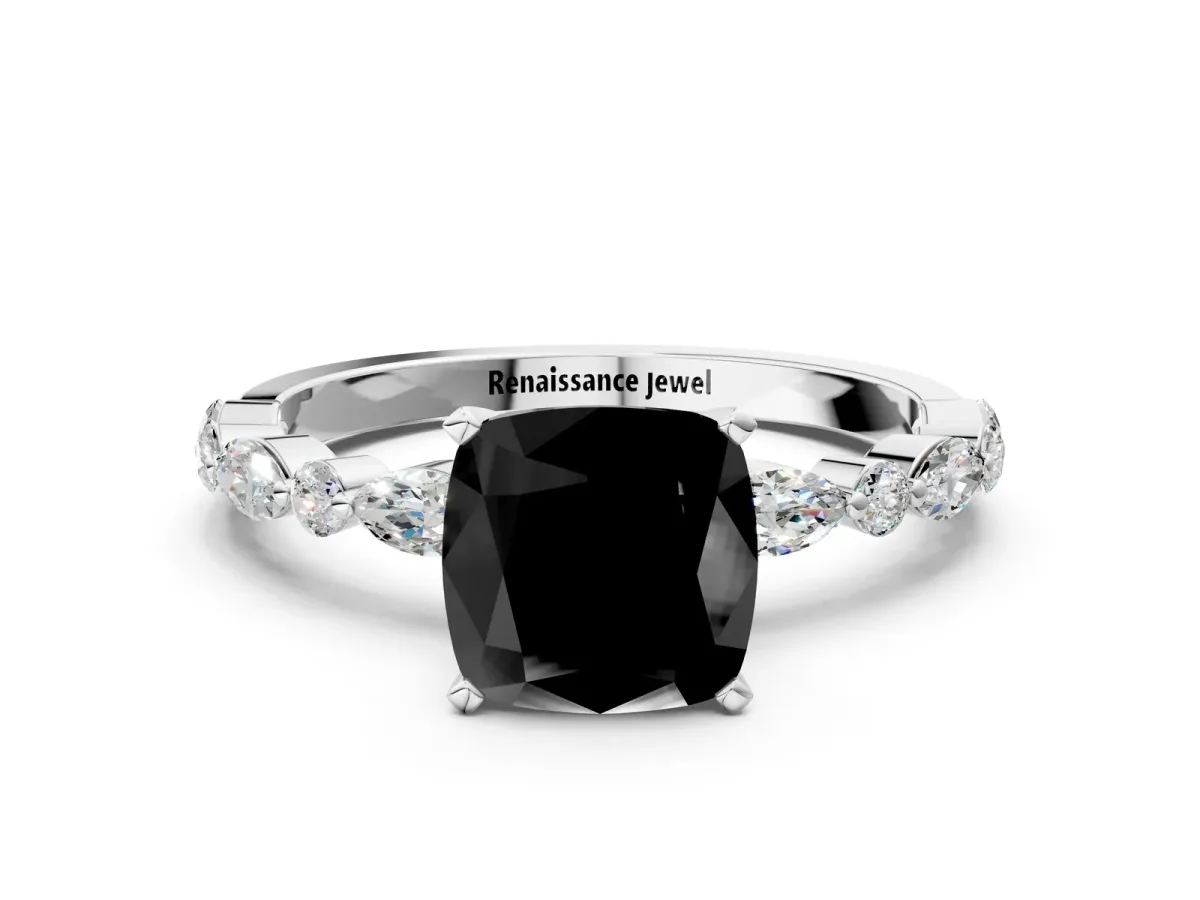 Fancy Black Cushion Cut Diamond Ring with Marquise and Round Side Stones and Four-Prong Setting Silver
