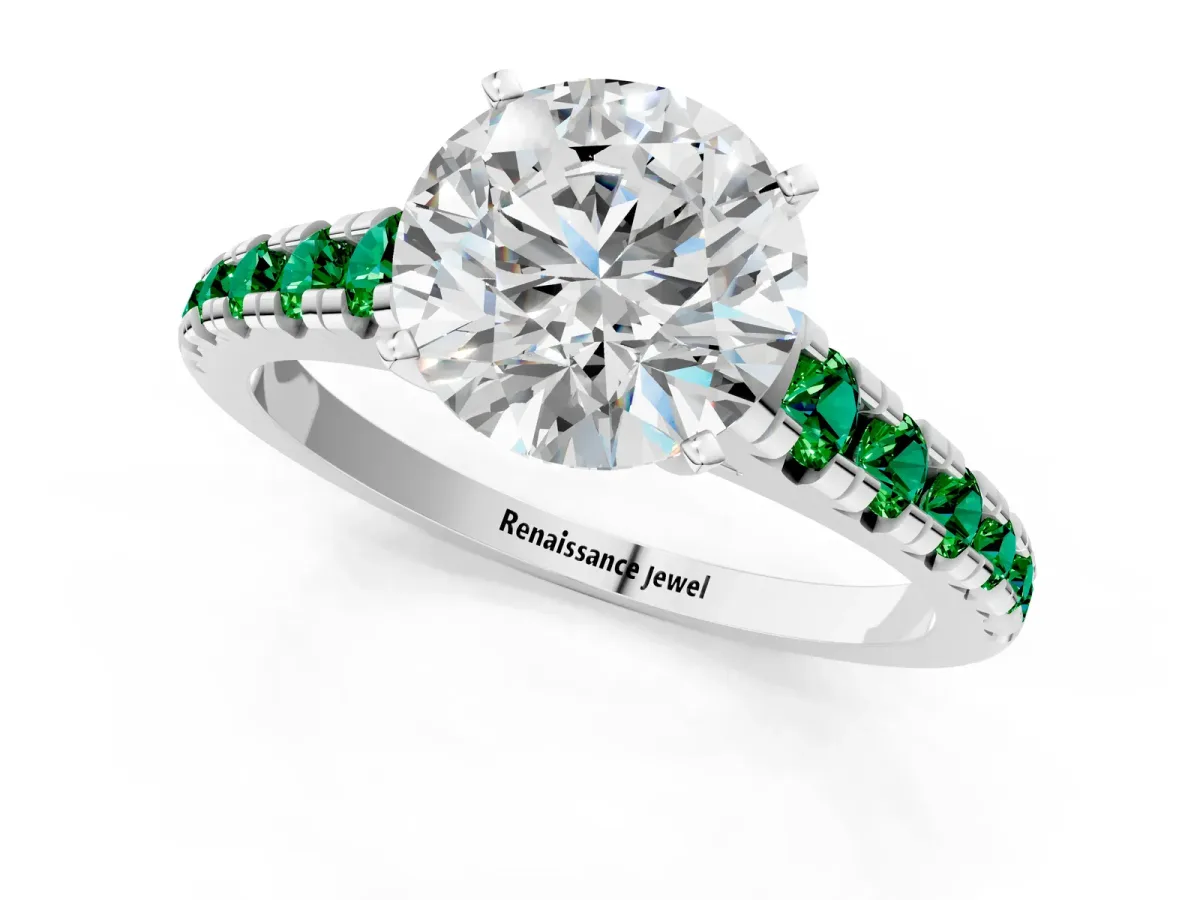 Round Cut Diamond Cathedral Solitaire Ring with Round Emerald Pavé Band White gold