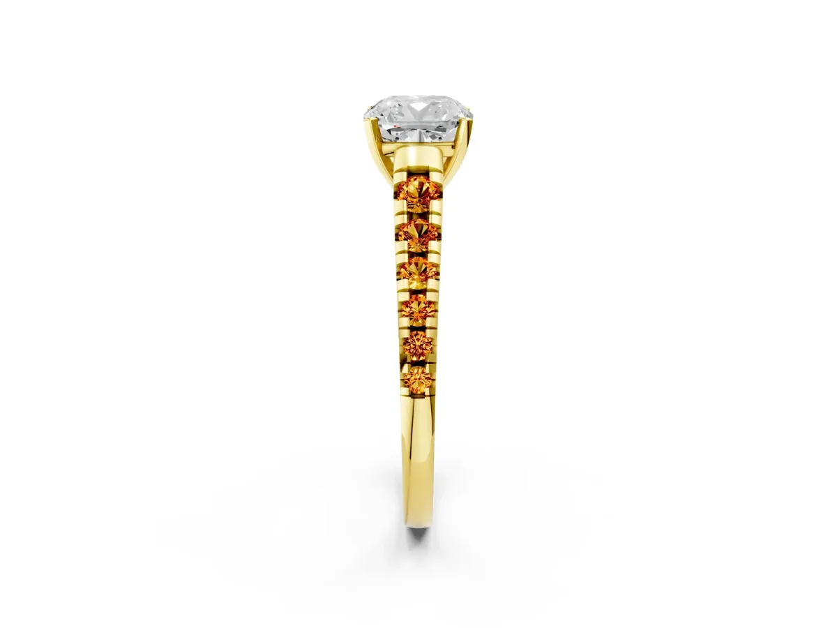Cushion Cut Diamond Cathedral Solitaire Ring with Round Citrine Pavé Band Yellow gold