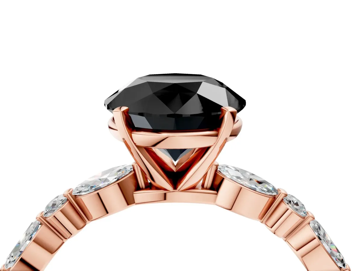 Fancy Black Round Cut Diamond Ring with Marquise and Round Side Stones and Four-Prong Setting Rose gold