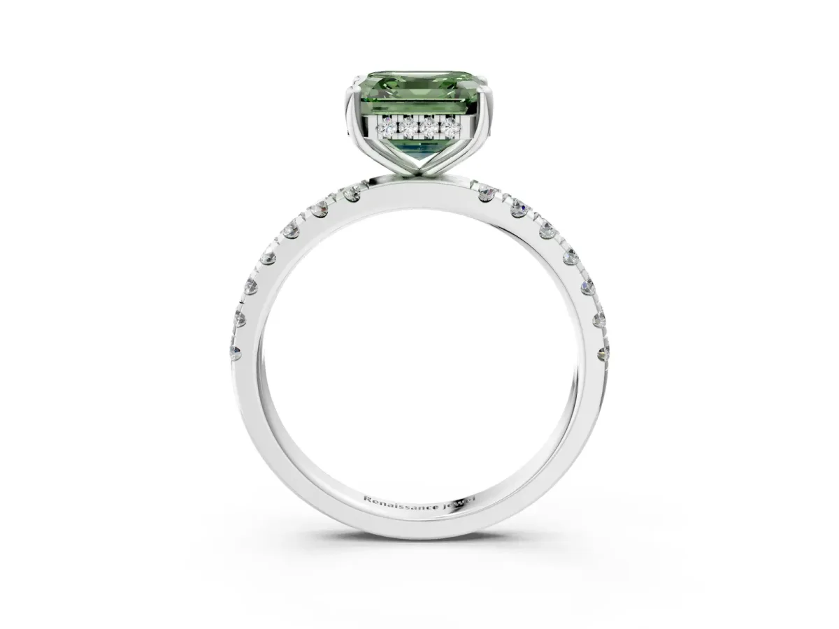 Fancy Green Asscher Cut Diamond Pave Band Solitaire Ring with Round and Prong Setting Platinum