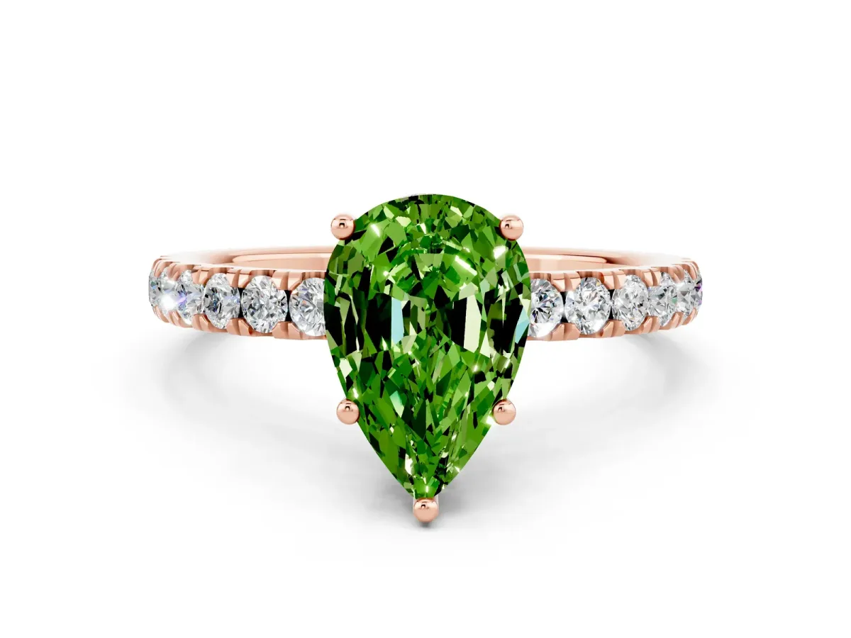 Pear Cut Peridot Pave Band Solitaire Ring with Round and Prong Setting Rose gold