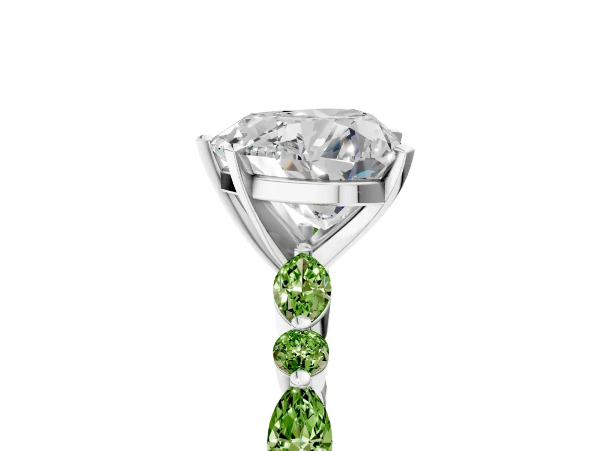 Heart Cut Diamond Ring with Marquise and Round Peridot Side Stones and Four-Prong Setting Silver