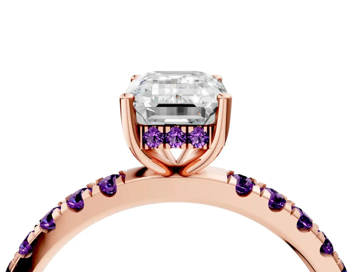 Emerald Cut Diamond Pave Band Solitaire Ring with Round Amethyst and Prong Setting Rose gold