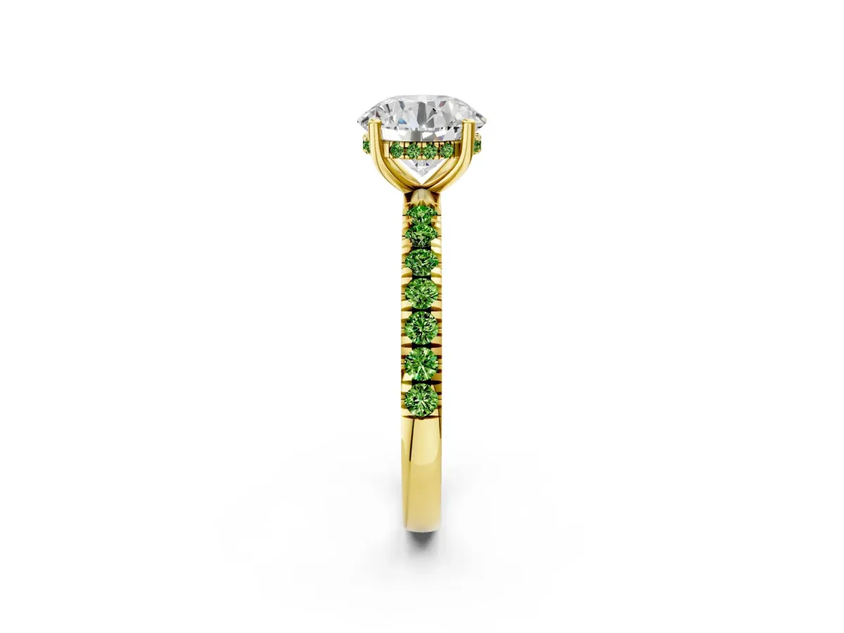 Round Cut Diamond Pave Band Solitaire Ring with Round Peridot and Prong Setting Yellow gold