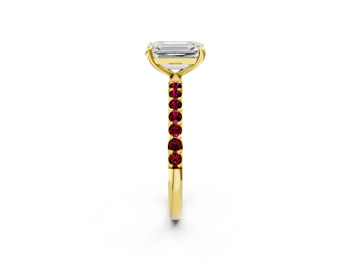Emerald Cut Diamond Solitaire Ring with Round Garnet Pavé Band and Prong Setting Yellow gold