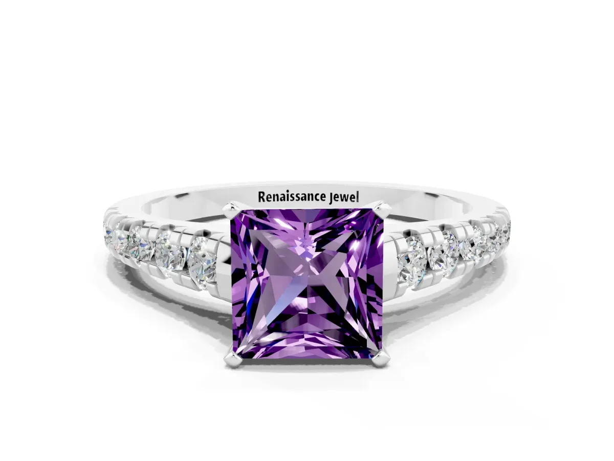 Princess Cut Amethyst Cathedral Solitaire Ring with Round Pavé Band White gold